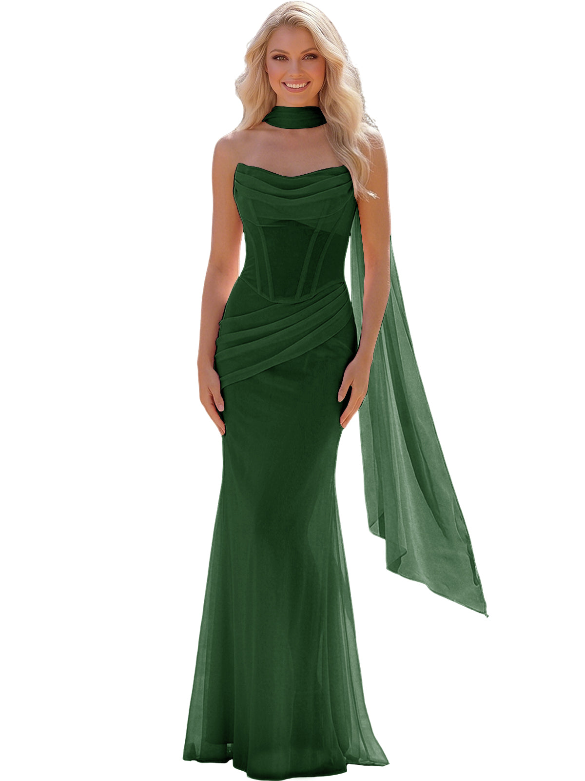 Strapless Chiffon Bridesmaid Gown with Sheer Boned Bodice, Ruched Waist and Scarf