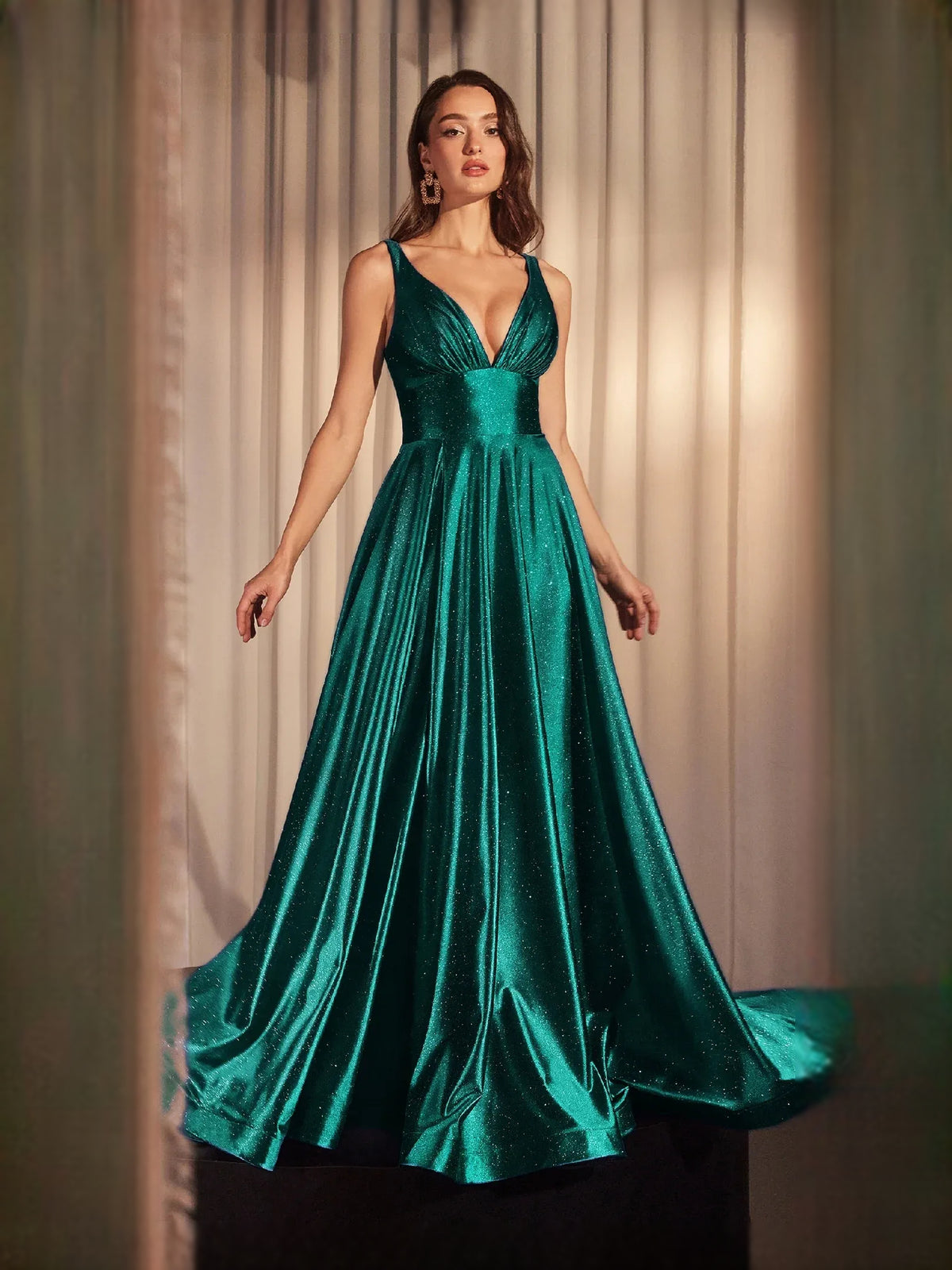 Ruched Pleated V Neck A-Line Floor-Length Prom Dress for Formal Reception