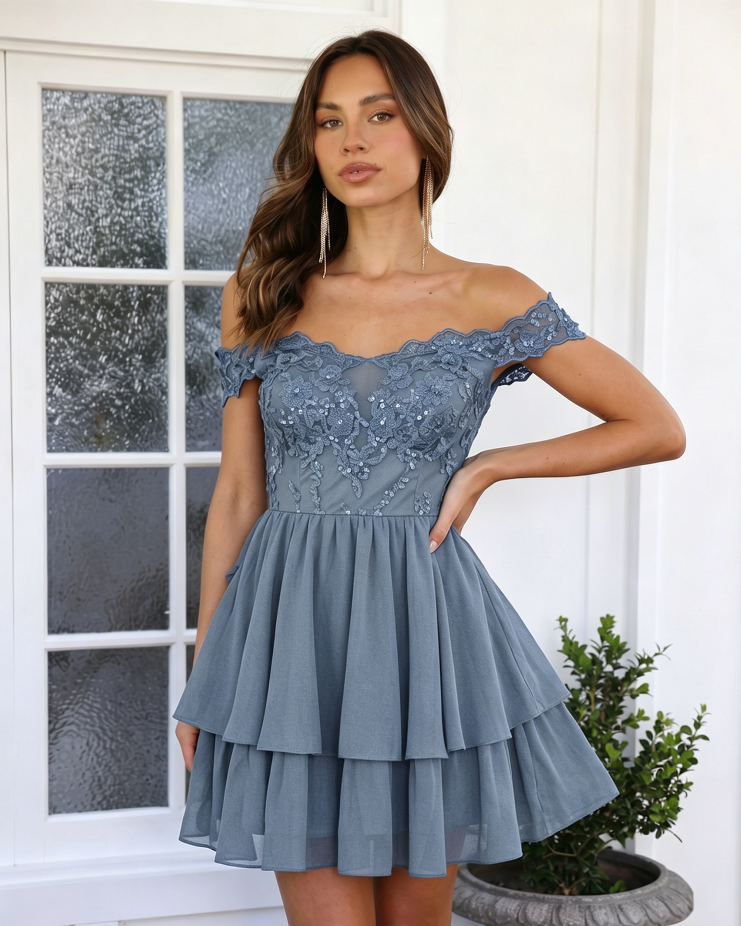 Off Shoulder Lace A-Line Homecoming Dress with Tiered Skirt
