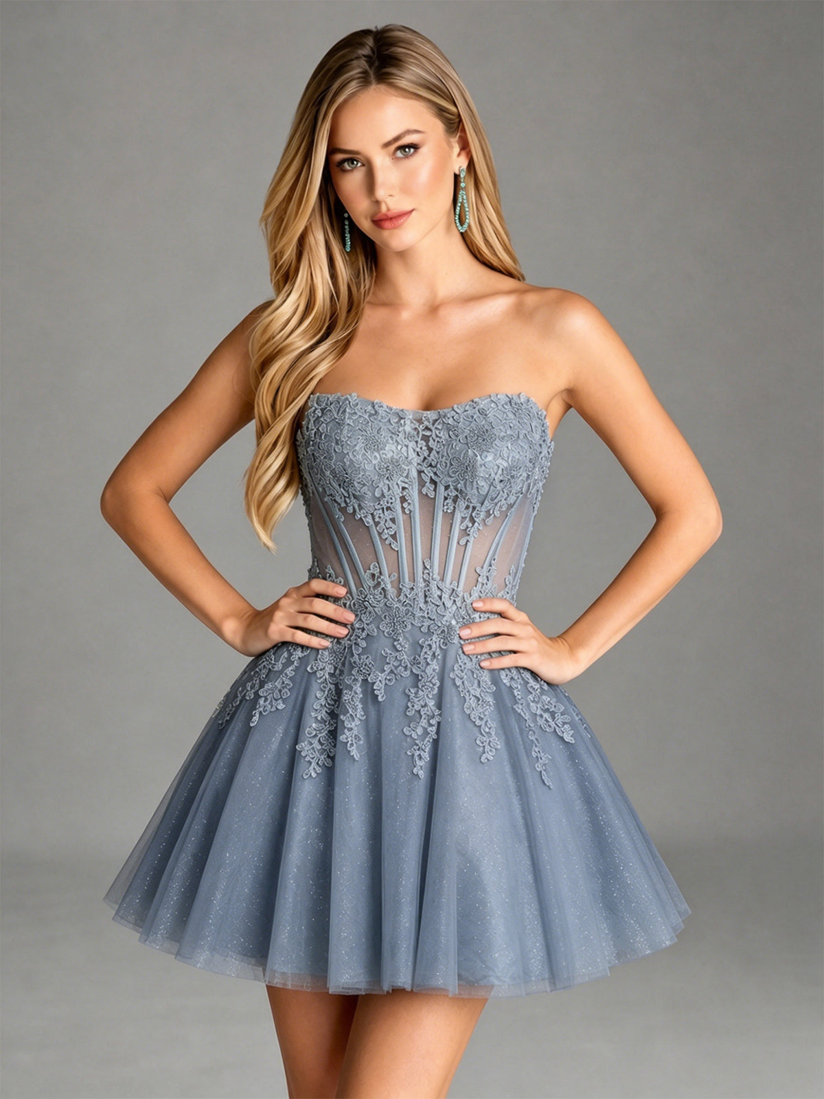 Strapless Lace Applique Glitter Tulle Homecoming Dress