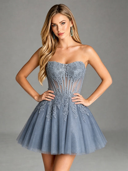 Strapless Lace Applique Glitter Tulle Homecoming Dress