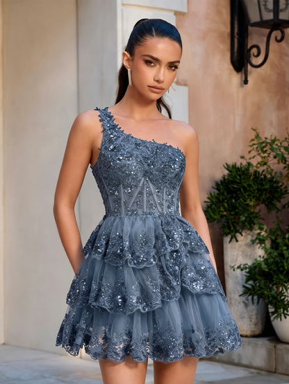 One Shoulder Sequin Lace Corset Tiered Homecoming Dress