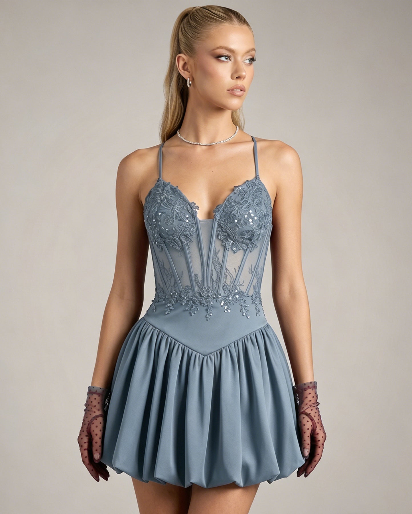 Spaghetti Strap Lace Corset Homecoming Dress with Flared Skirt