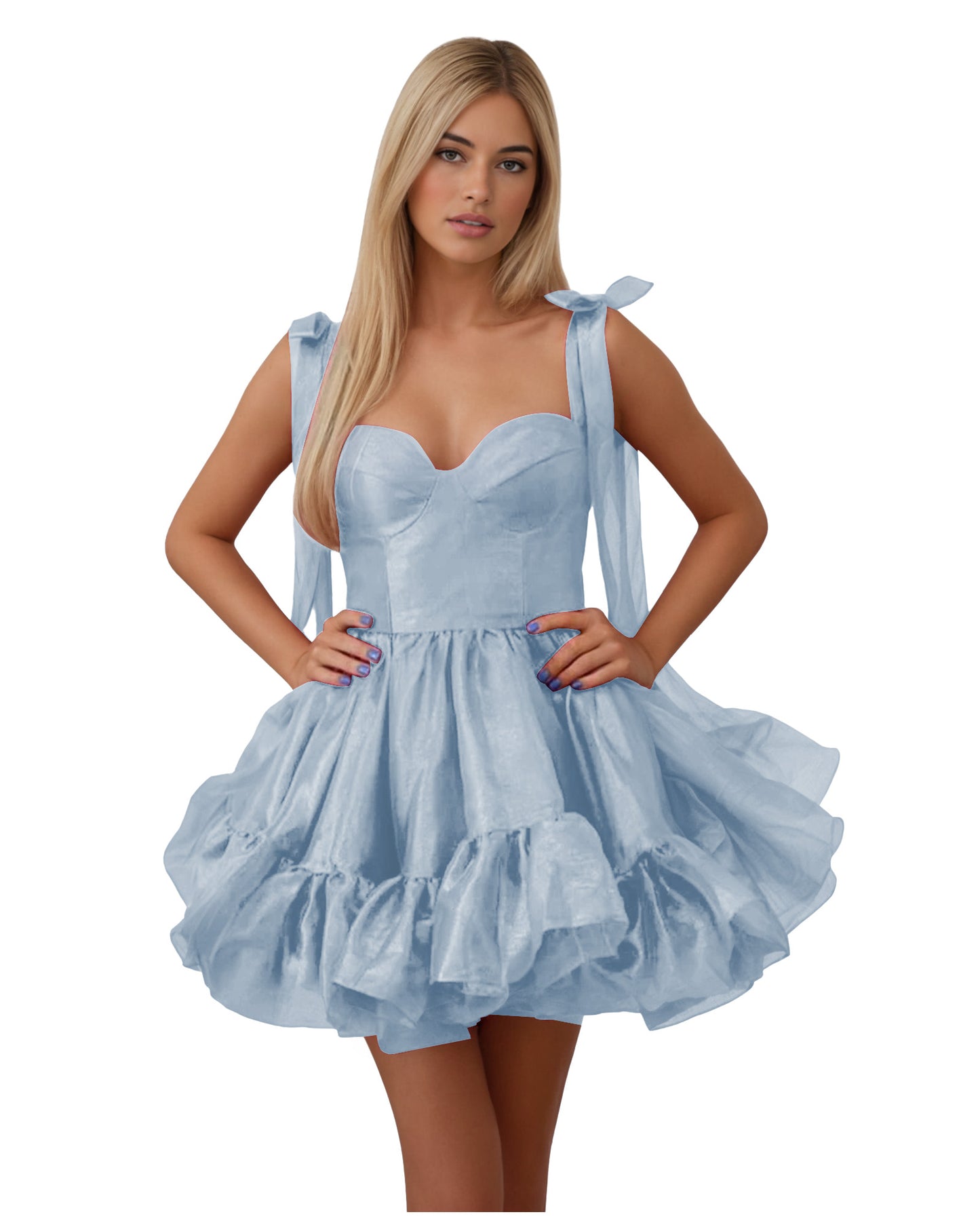 Bow Shoulder Satin Corset Ruffle Homecoming Dress