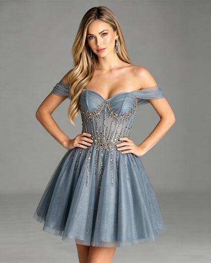 Off Shoulder Beaded Corset Tulle A-Line Homecoming Dress