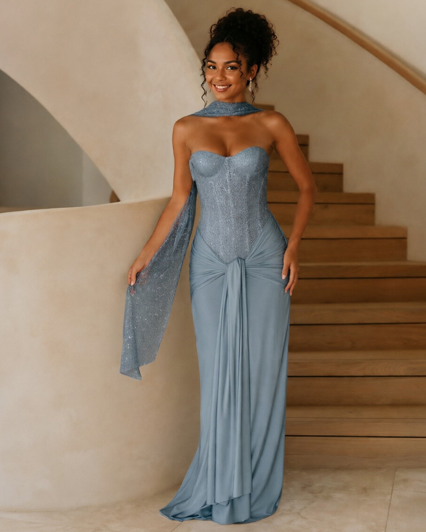Strapless Sequin Corset Jersey Prom Dress with Draped Scarf Detail