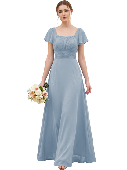 Square Neck Chiffon Bridesmaid Dress with Flutter Sleeves and Lace-Up Back