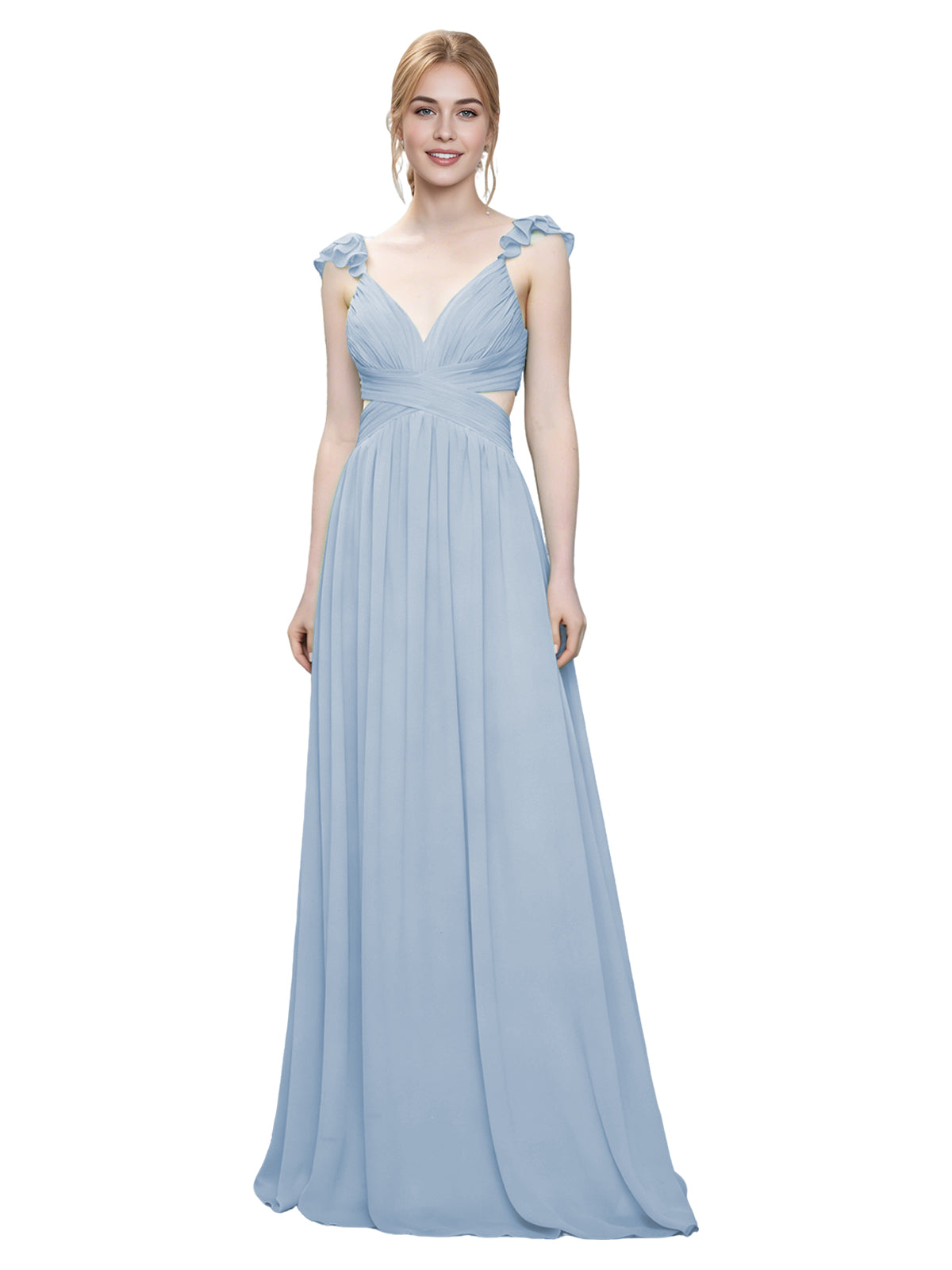 Ruffle Strap V-Neck Tulle Bridesmaid Dress with Pleated Waist