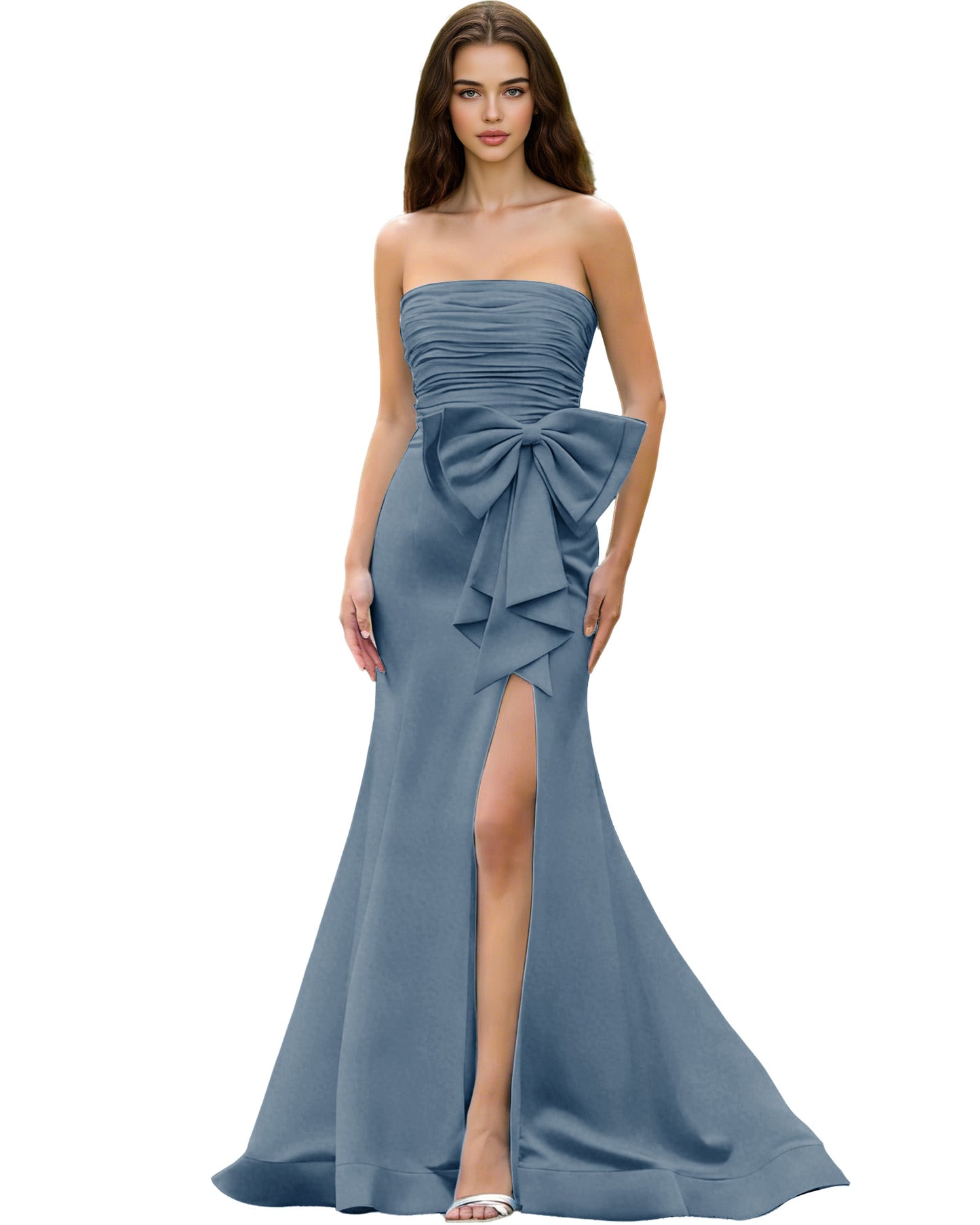 Strapless Bow Detail Satin Prom Dress with Ruched Bodice and Slit