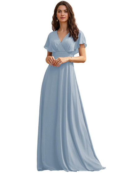 Flutter Sleeve V-Neck Chiffon Bridesmaid Dress with Flowing dress