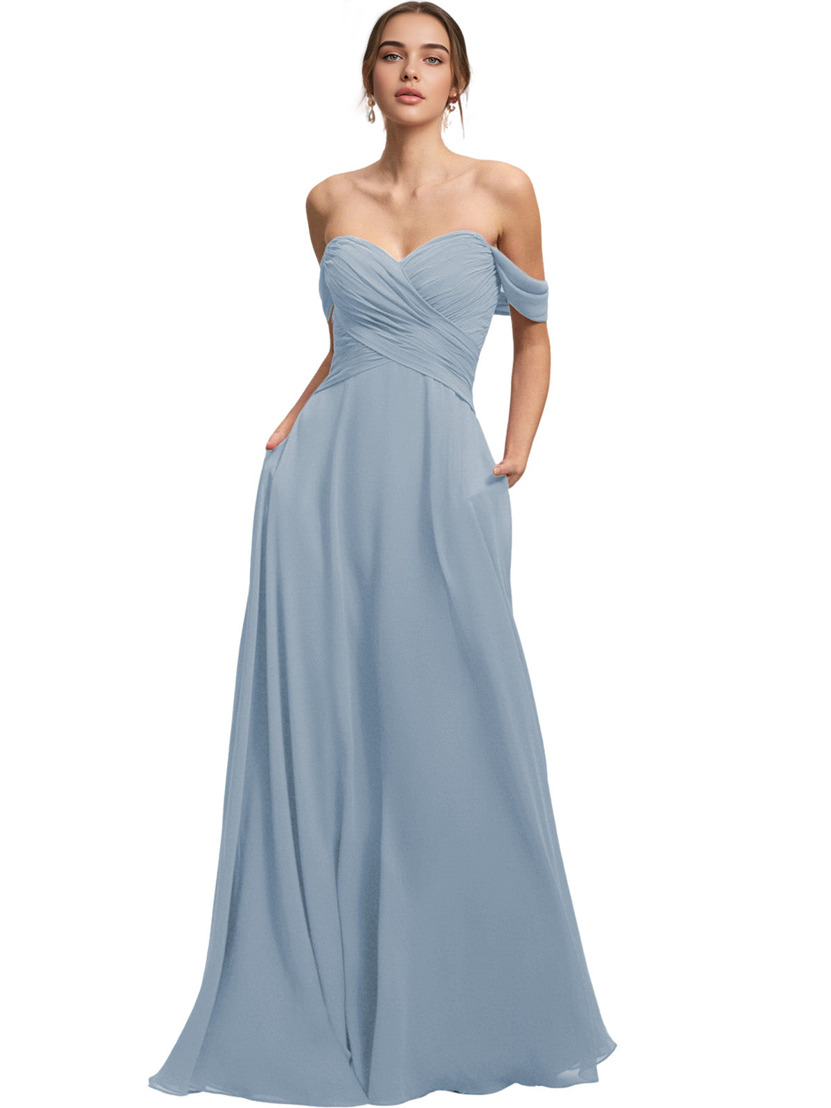 Off Shoulder Chiffon Bridesmaid Dress with Draped Bodice and A-Line Dress