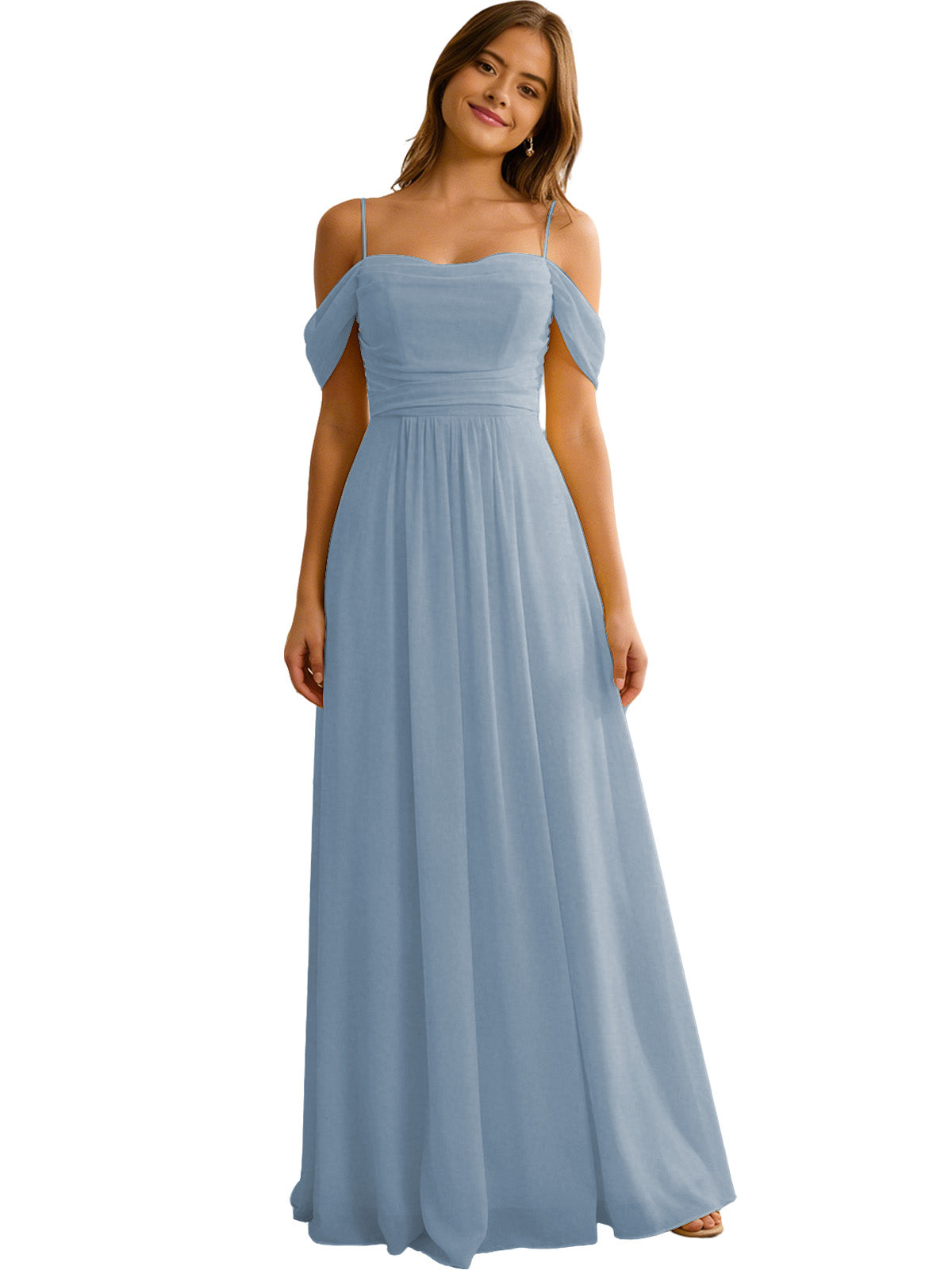 Off Shoulder Chiffon Bridesmaid Dress with Soft Pleated Bodice