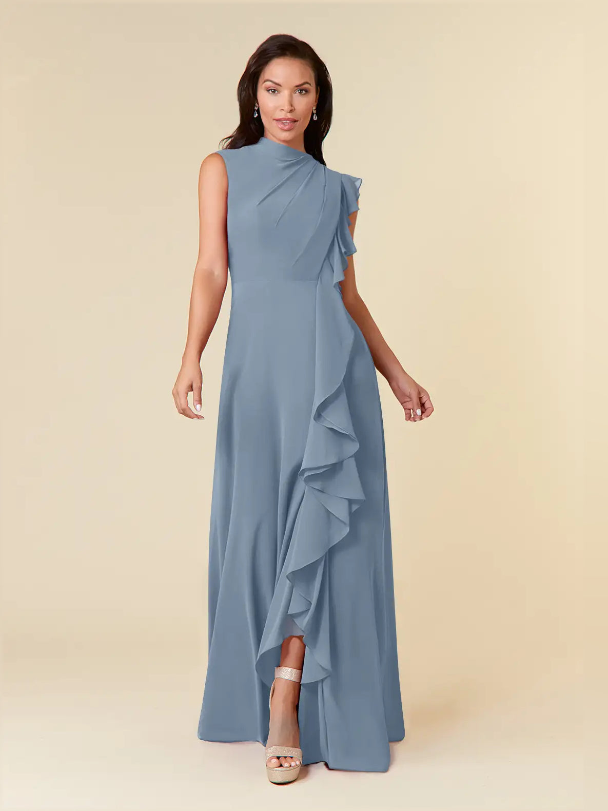 Draped Ruffled High Neck A-Line Maxi Chiffon Bridesmaid Dress for Church Wedding