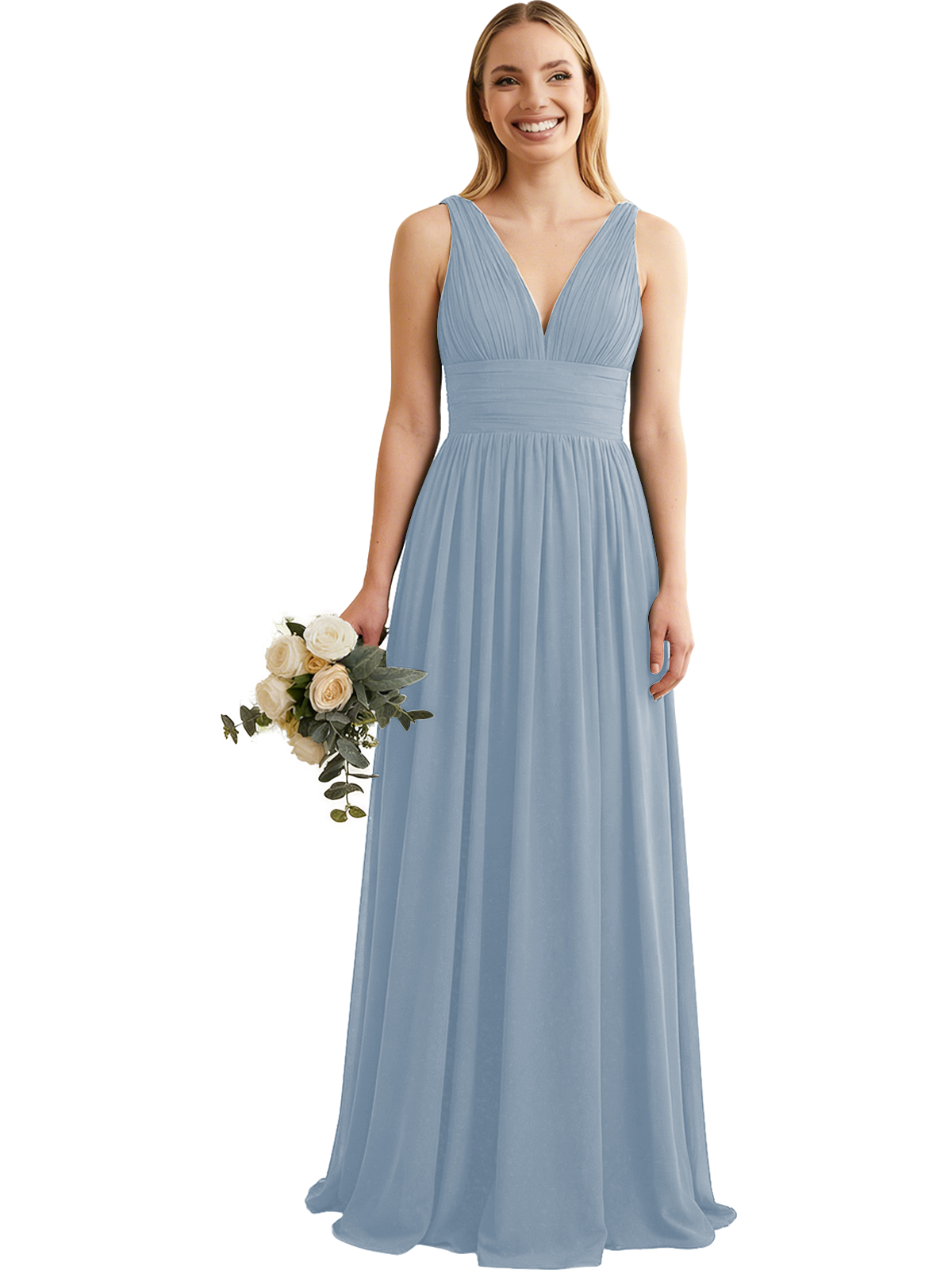 Deep V-Neck Chiffon Bridesmaid Dress with Pleated Waist