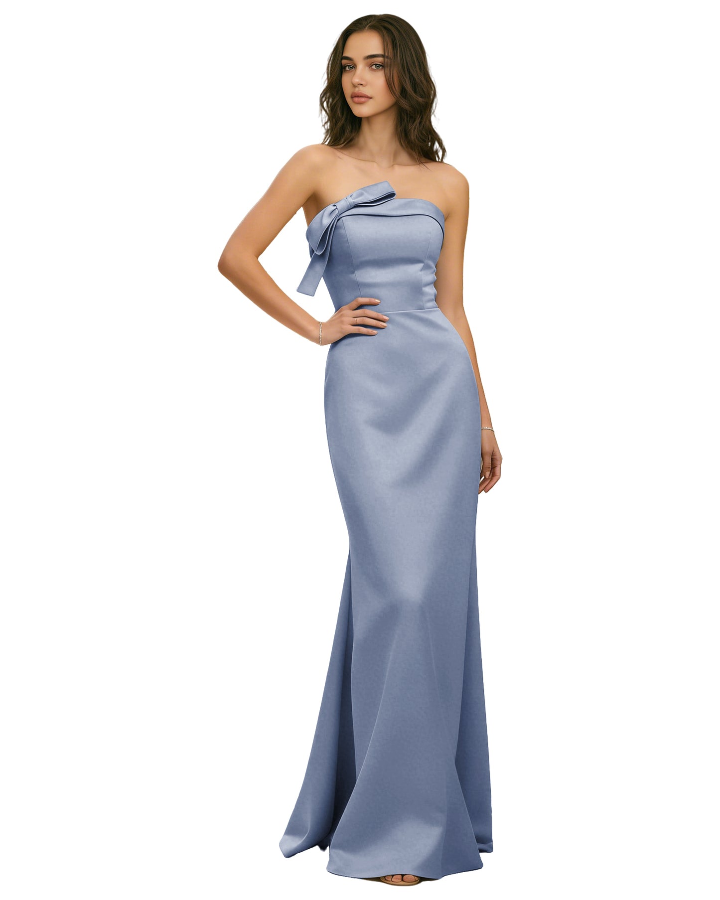Strapless Satin Bridesmaid Dress with Draped Bodice and Side Slit