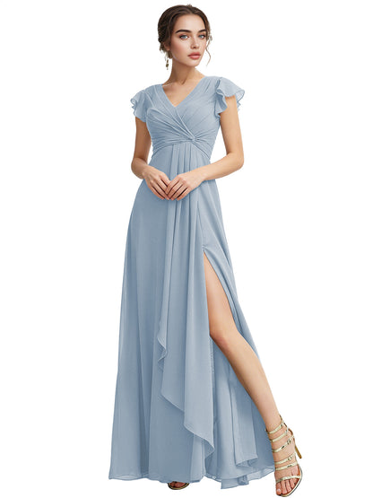 Cap Sleeve Chiffon Bridesmaid Dress with Ruffle V-Neck and Slit