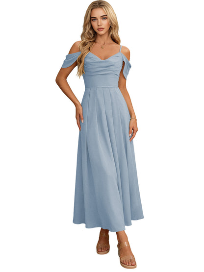 Off Shoulder Midi Bridesmaid Dress with Pleated Bodice and Flowing dress