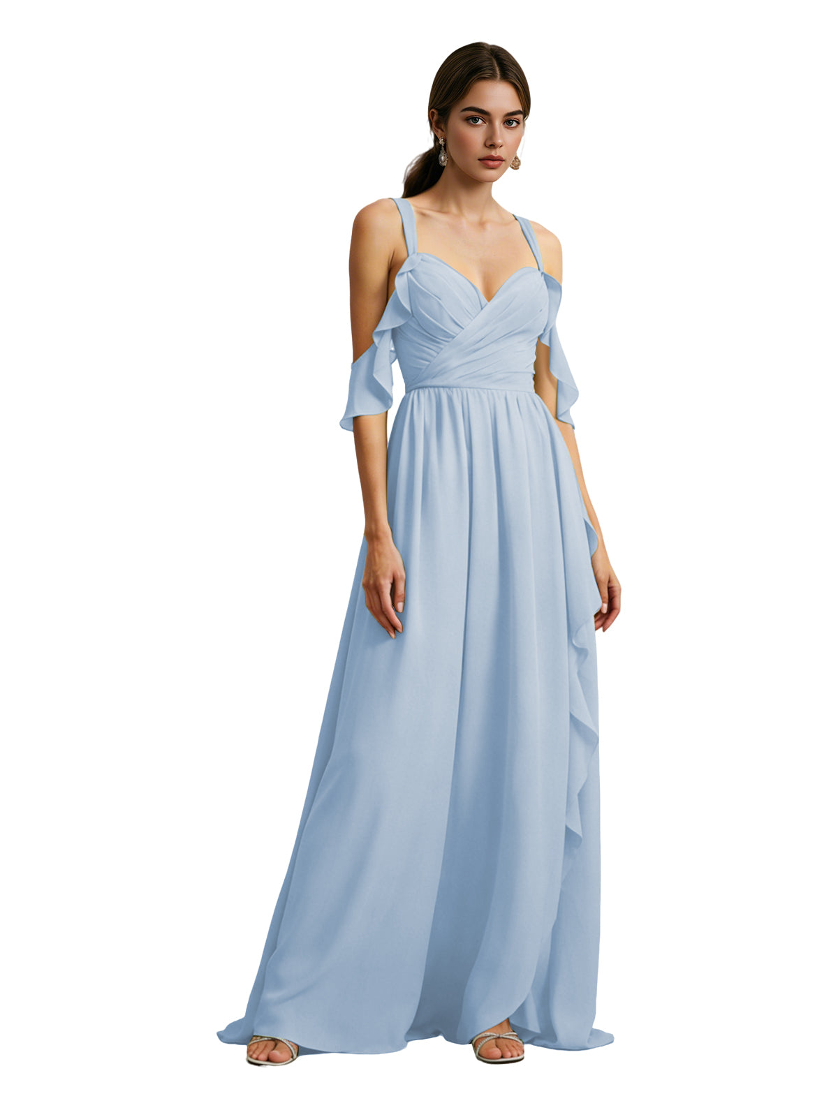 Cold Shoulder Chiffon Bridesmaid Dress with Draped V-Neck Bodice