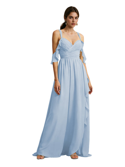 Cold Shoulder Chiffon Bridesmaid Dress with Draped V-Neck Bodice