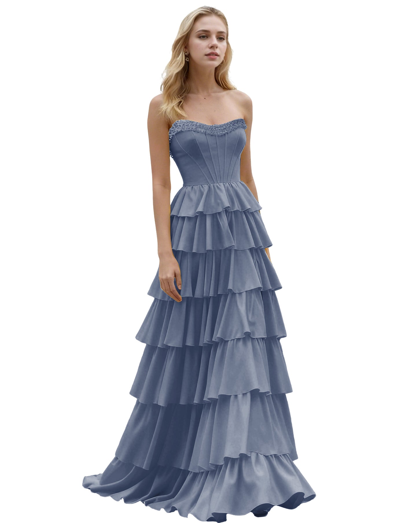 Strapless Tiered Ruffle A-Line Prom Dress with Corset Bodice