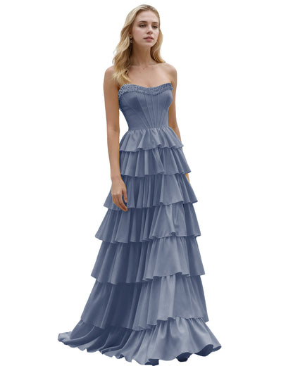 Strapless Tiered Ruffle A-Line Prom Dress with Corset Bodice