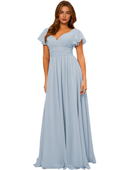 V-Neck Flutter Sleeve Chiffon Bridesmaid Dress with Empire Waist