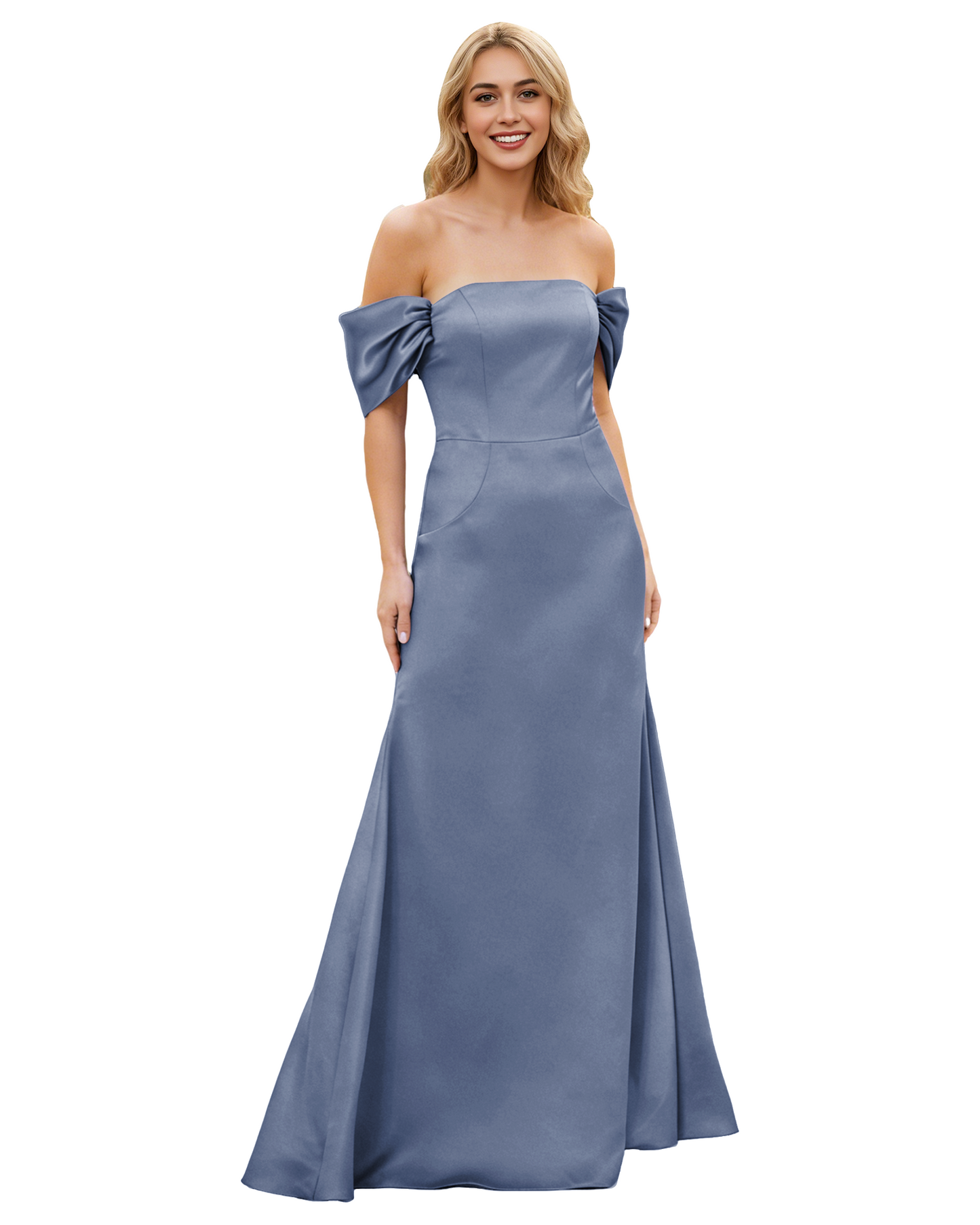 Off Shoulder Satin Bridesmaid Dress with Foldover Neckline and Trumpet Dress