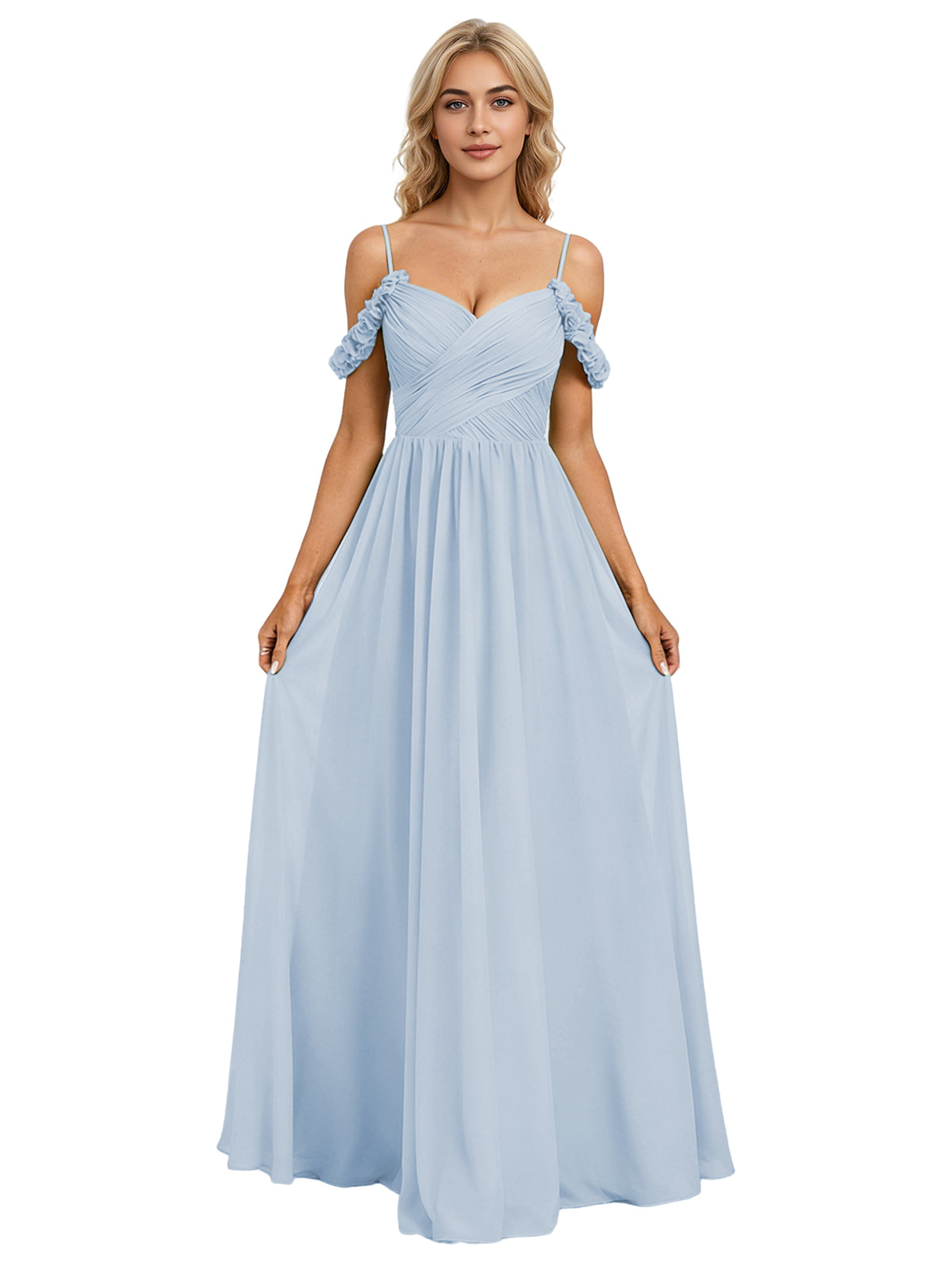 Off Shoulder Lace Applique Bridesmaid Dress with Flowing Chiffon dress