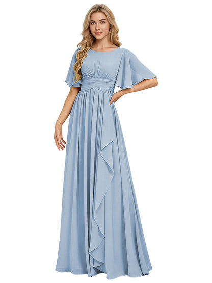 Flutter Sleeve Chiffon Bridesmaid Dress with Tiered Front Ruffle