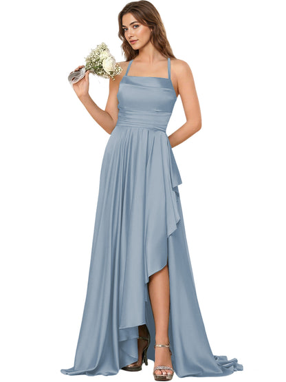 Open Back Halter Bridesmaid Dress with High Low Overlay dress