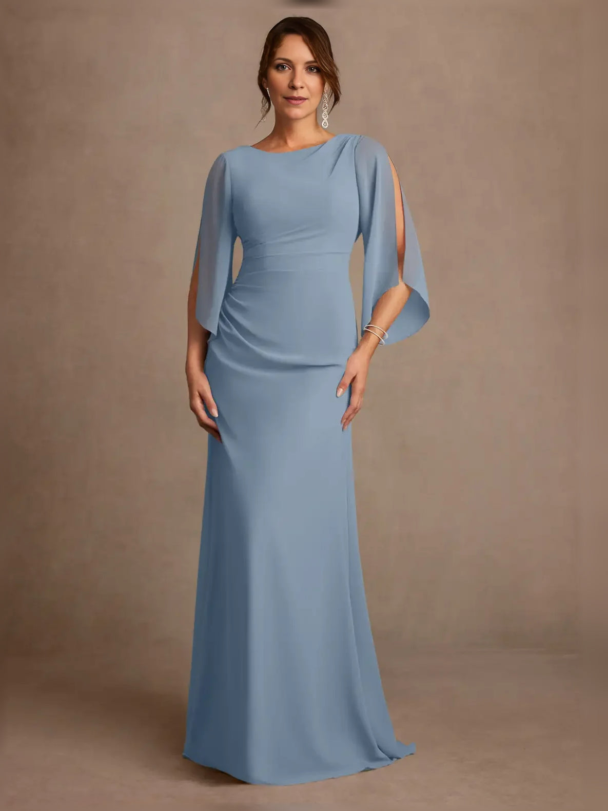 Draped Boat Neck A-Line Floor-Length Chiffon Mother of the Bride Dress for Wedding Ceremony