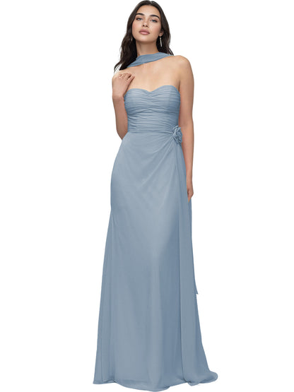 Strapless Chiffon Bridesmaid Dress with Wrapped Bodice and Slit Dress