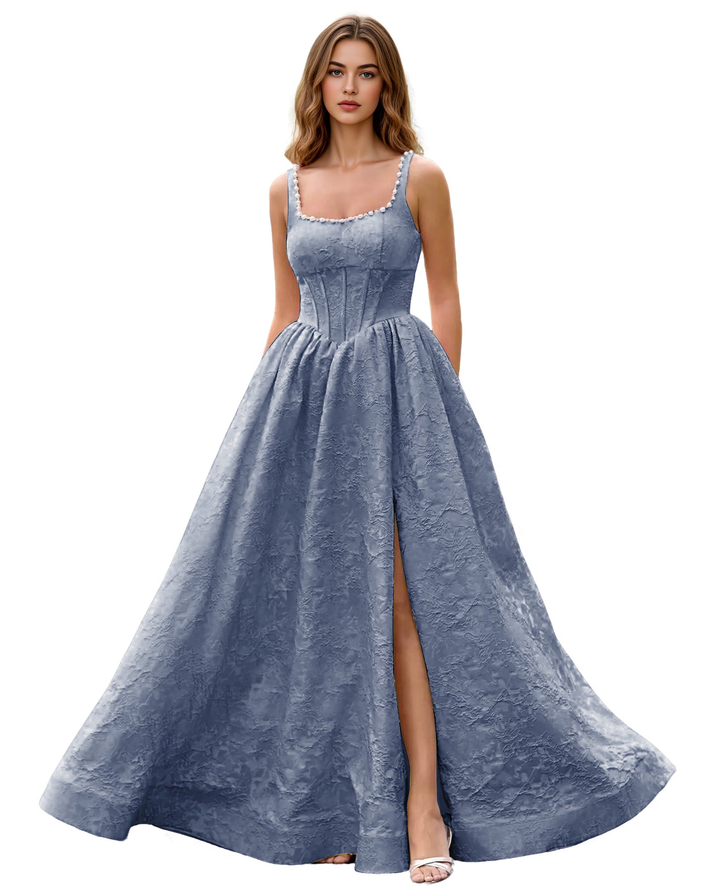 Square Neck Jacquard Ball Gown Prom Dress with Wide Straps and Pockets