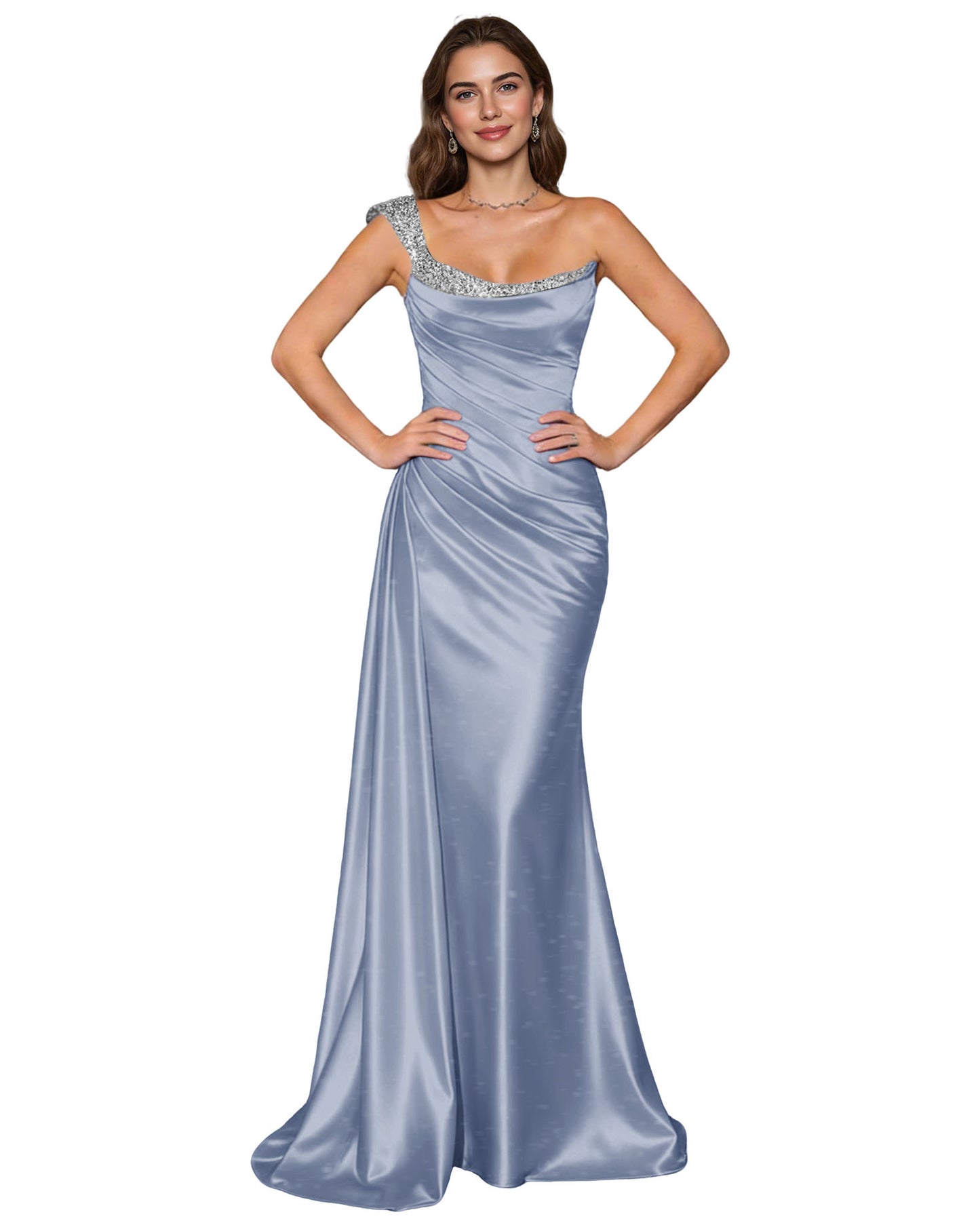 Spaghetti Strap Satin Mermaid Prom Dress with Draped Cowl Neck
