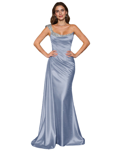 Spaghetti Strap Satin Mermaid Prom Dress with Draped Cowl Neck