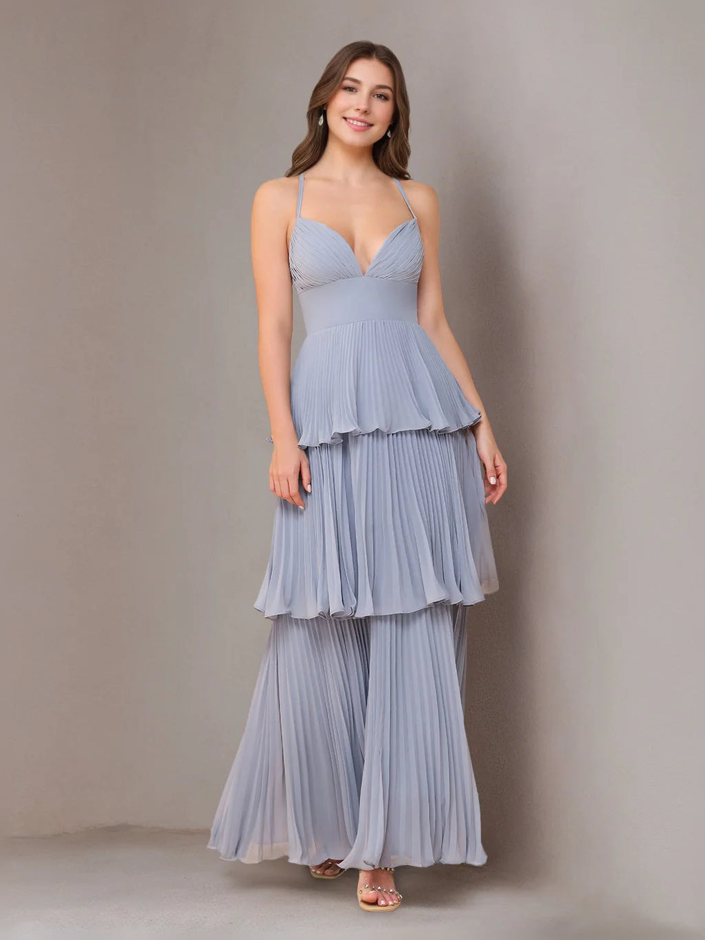 Pleated Tiered Ruffled V Neck A-Line Maxi Chiffon Bridesmaid Dress for Formal Wedding