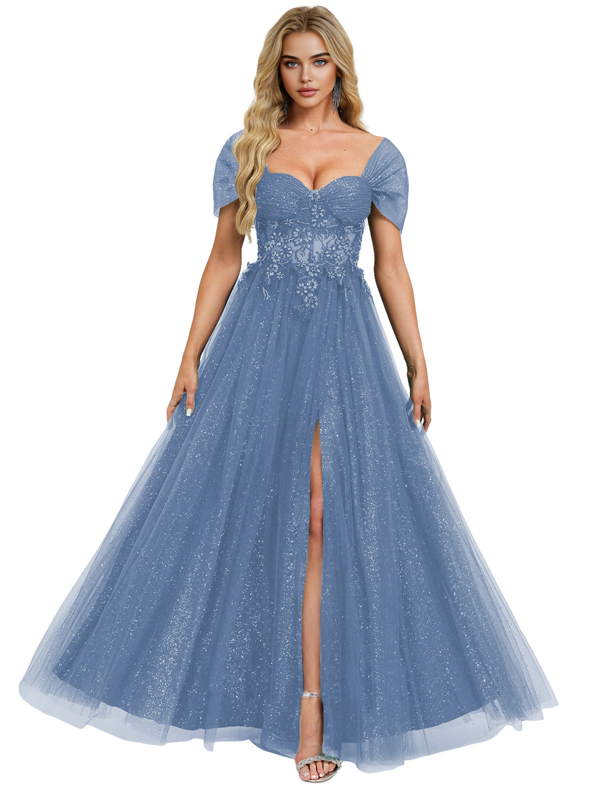 Short Sleeve Glitter Tulle Prom Dress with Illusion Bodice and Slit
