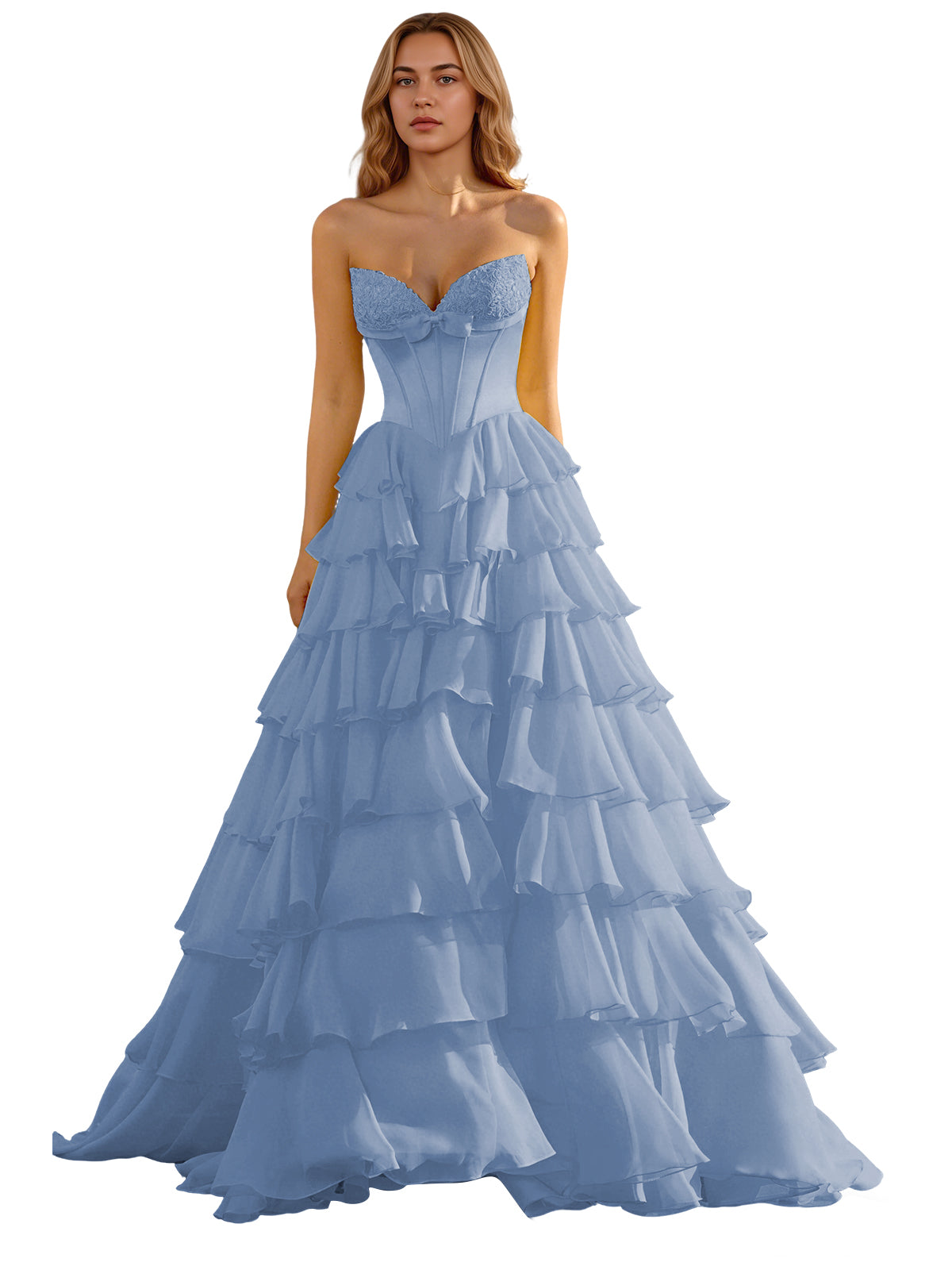 Strapless Tiered Organza Ball Gown Prom Dress with Corset Top