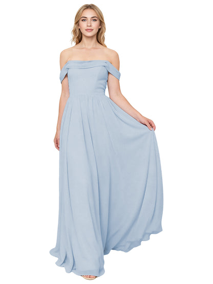 Off Shoulder Pleated Chiffon Bridesmaid Dress with Flowing A-Line Dress