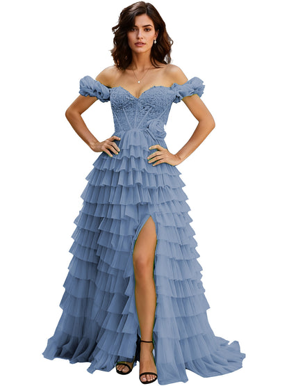 Off Shoulder Tulle Ball Gown Prom Dress with Ruffle Sleeves and Slit