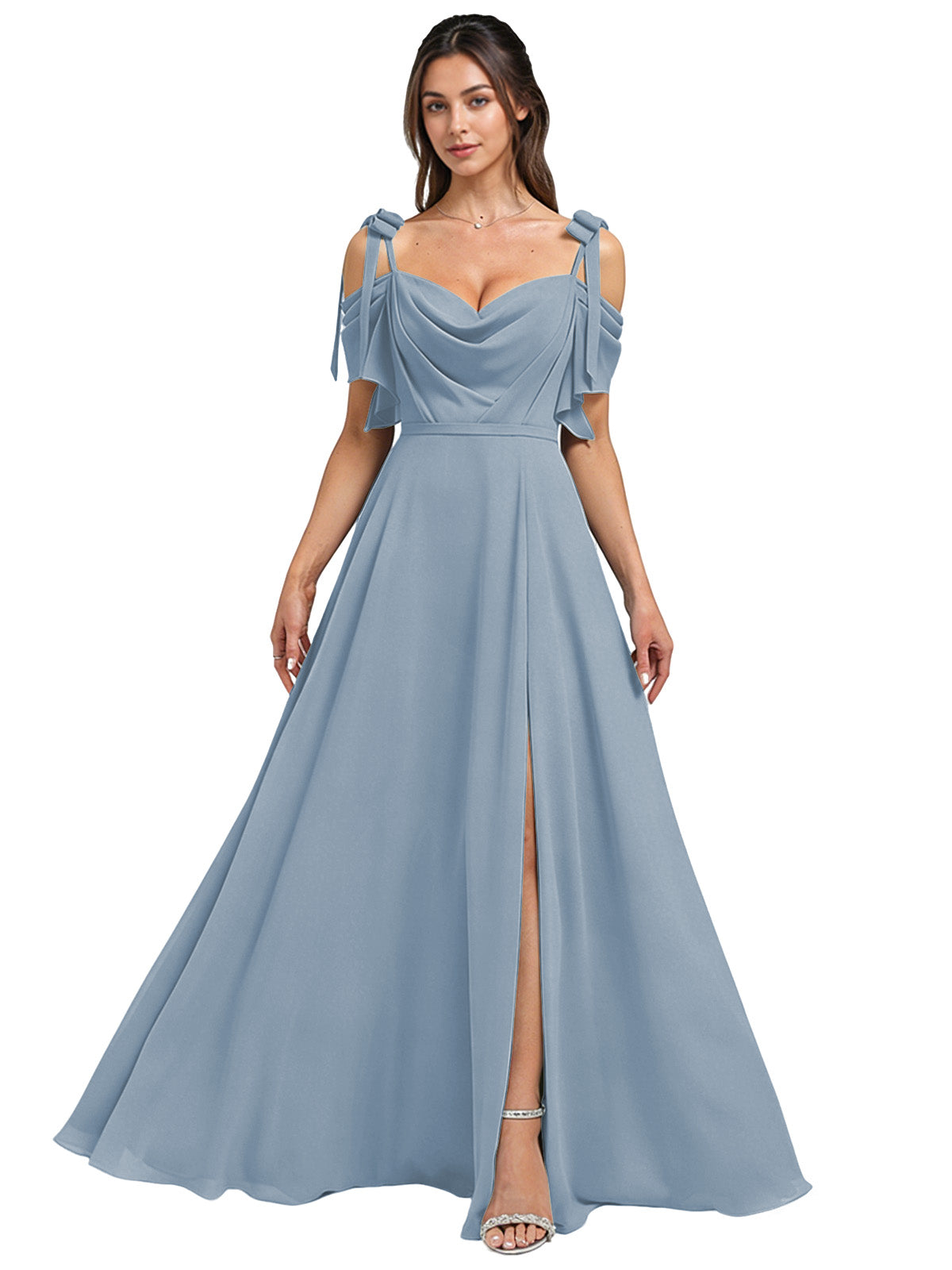 Cowl Neck Cold Shoulder Bridesmaid Dress with High Slit Chiffon Dress