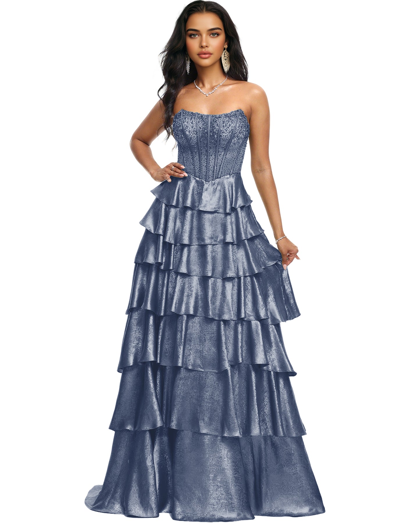Strapless Tiered Sequin A-Line Prom Dress with Ruffle Layers