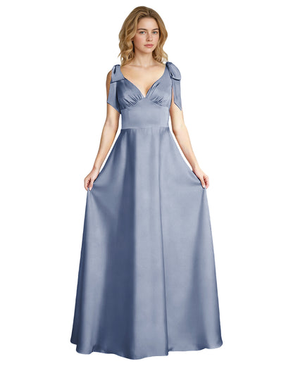 V-Neck Bow Strap Satin Bridesmaid Dress with Empire Waist