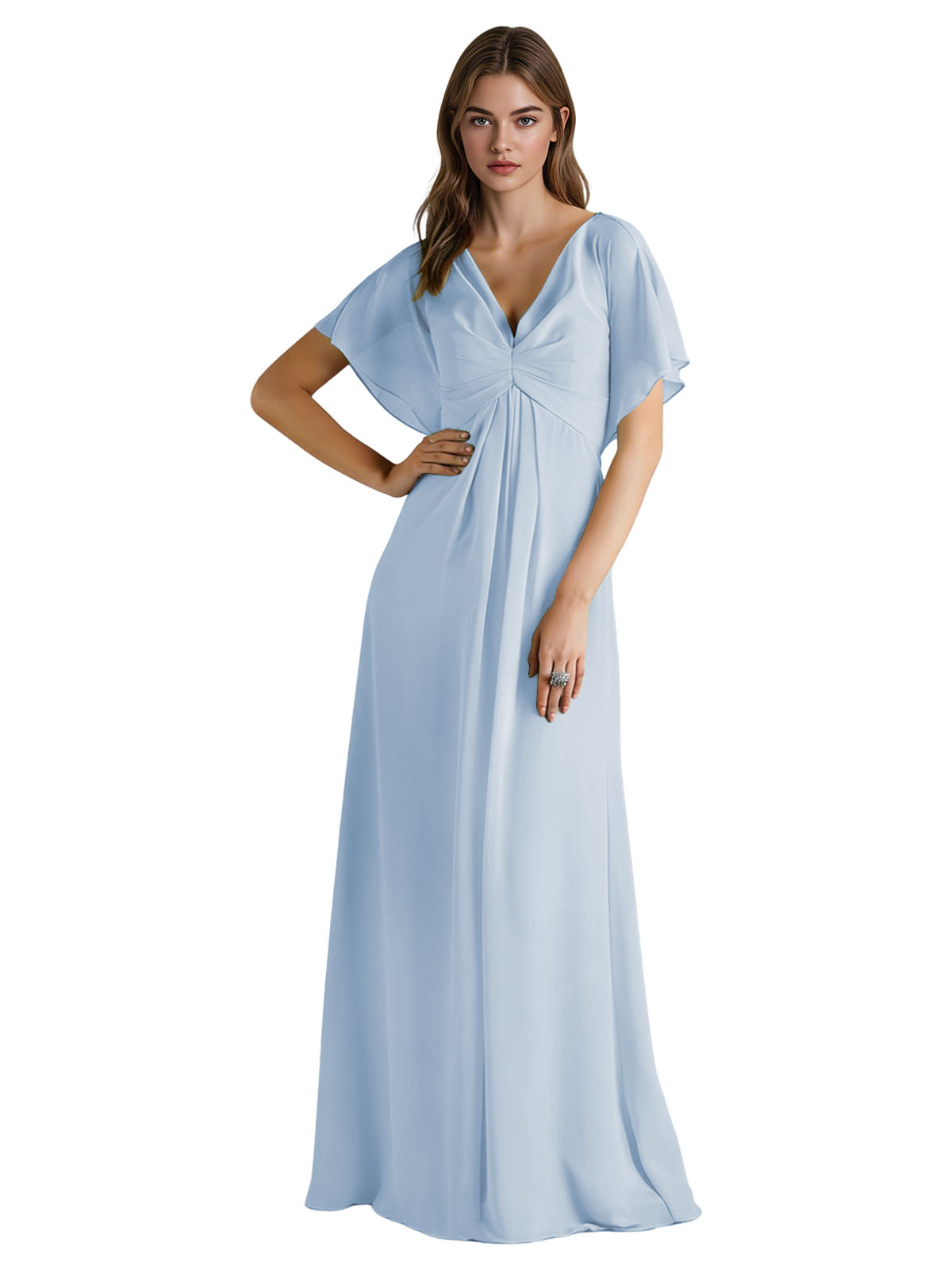 Short Sleeve V-Neck Chiffon Bridesmaid Dress with Gathered Waist