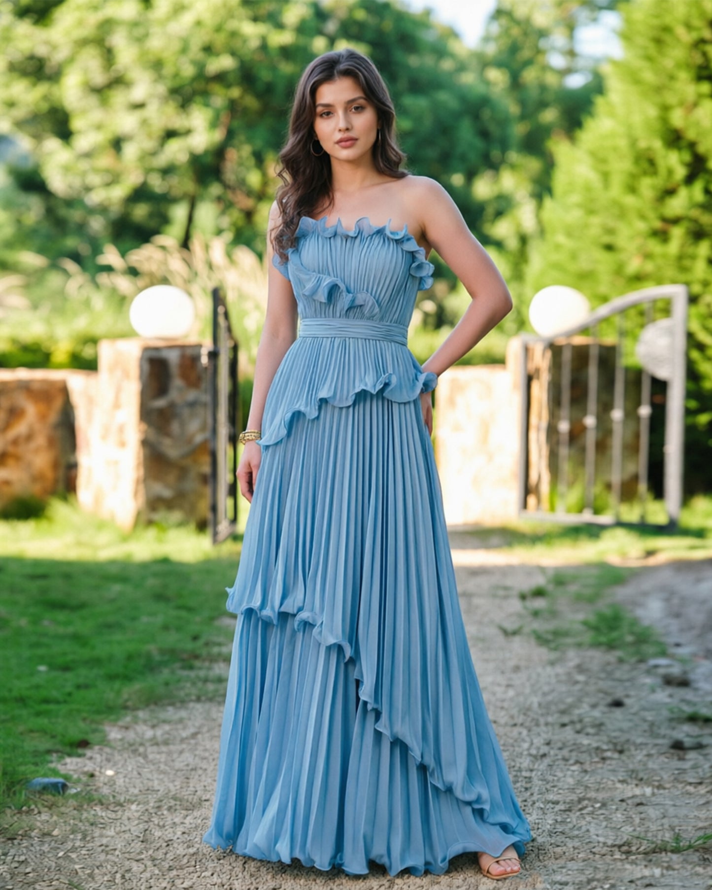 Strapless Ruffle Pleated Formal Dress with Tiered Dress