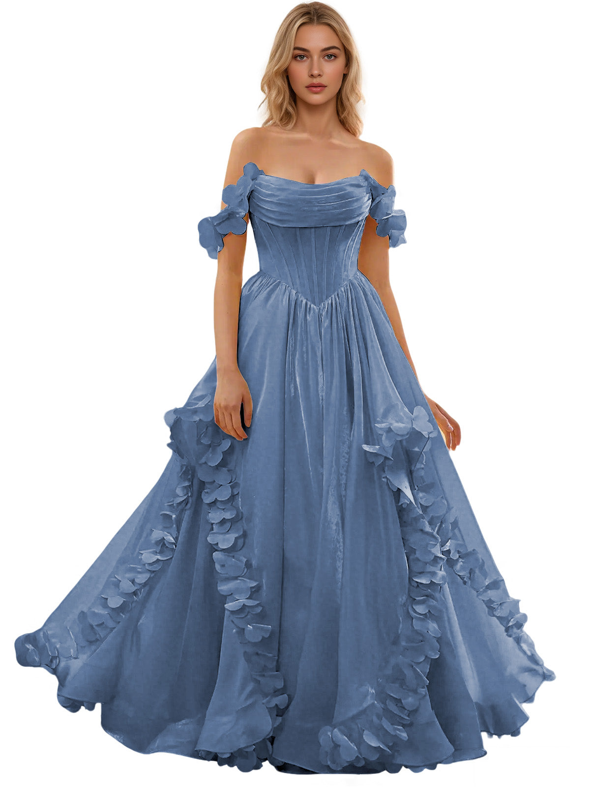 Off Shoulder Ruffle Tulle Ball Gown Prom Dress with Floral Applique