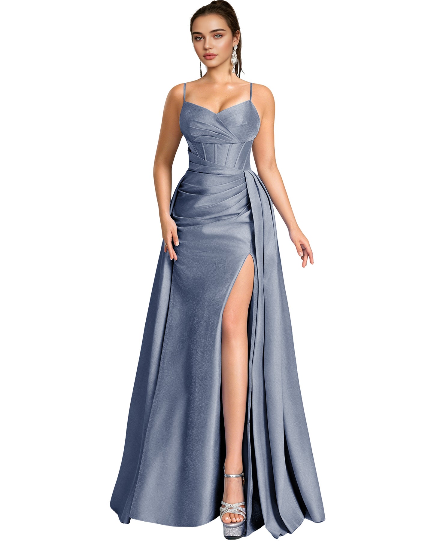 One Shoulder Satin A-Line Prom Dress with Wrap Bodice and Side Slit