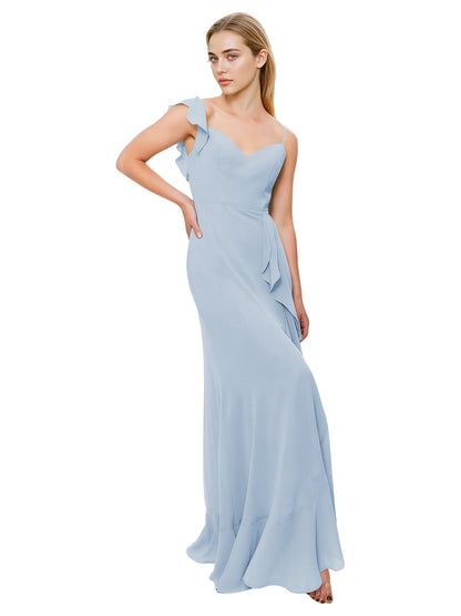 V-Neck Ruffle Strap Bridesmaid Dress with Cascading Chiffon Dress