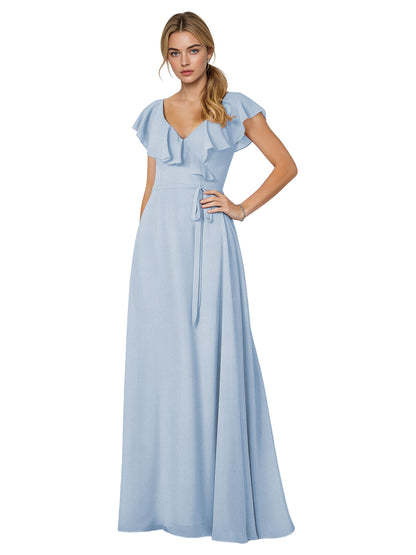 Tie Neck Chiffon Bridesmaid Dress with Flutter Sleeves