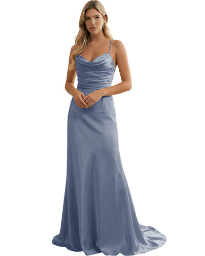 Spaghetti Straps Ruched Satin Floor Length Bridesmaid Dress
